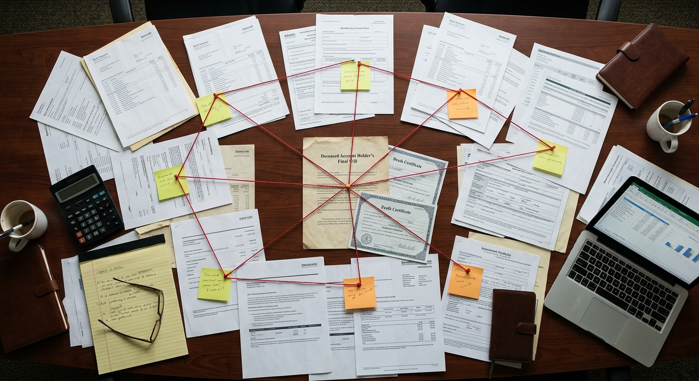 Firefly_Gemini Flash_Aerial, cinematic view of dozens of bank account documents, beneficiary forms, and fi 538638