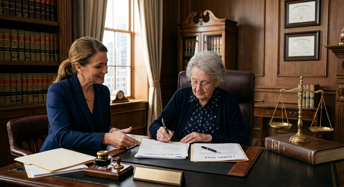 Firefly_Gemini Flash_Create a professional, realistic legal illustration of an elderly person signing esta 1430