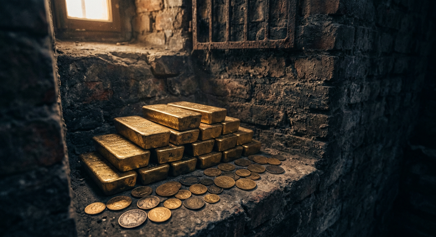 Firefly_Gemini Flash_Editorial photograph, moody and understated- stacked gold bars and scattered antique 310990