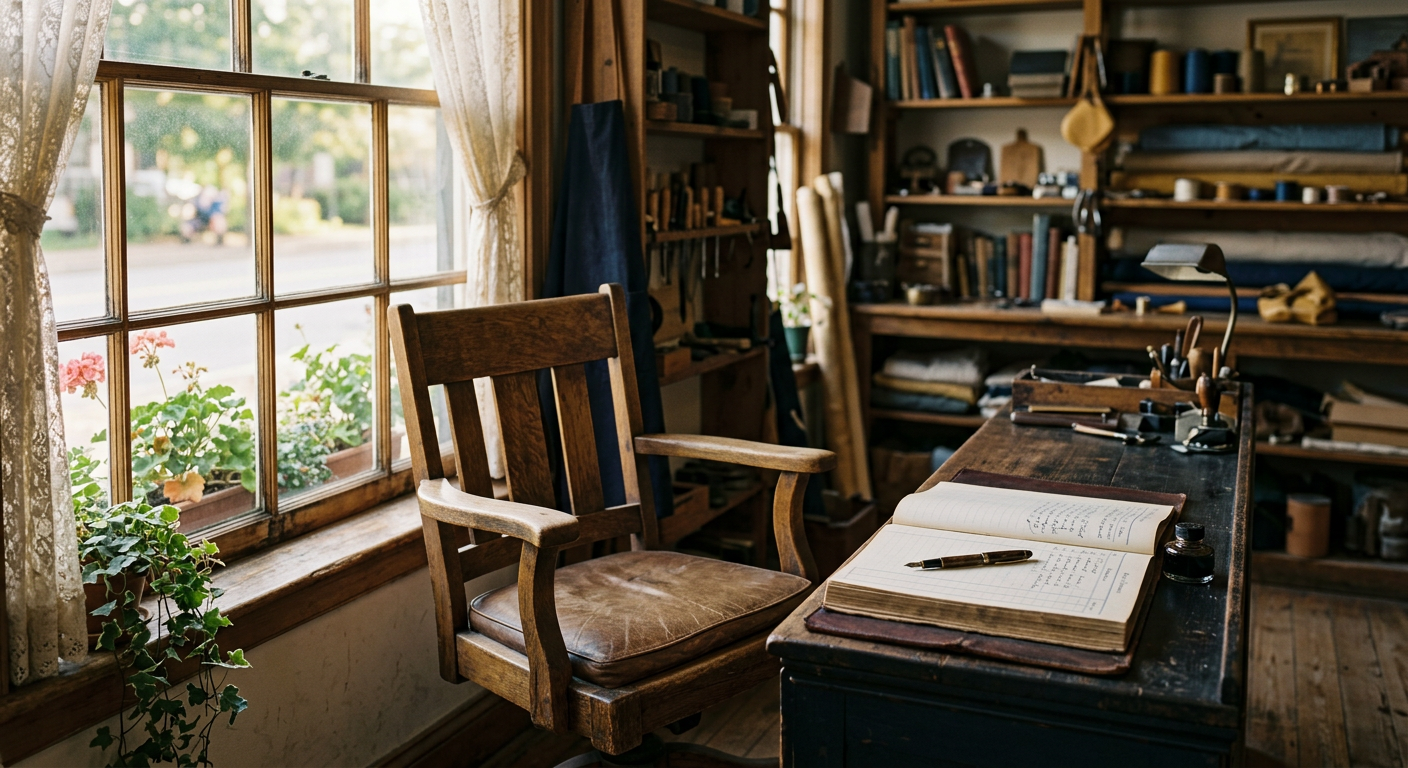 Firefly_Gemini Flash_Editorial photograph of an empty wooden armchair at the head of a small, family-owned 579570