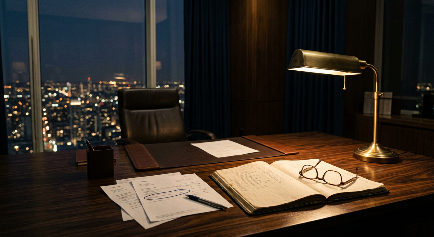 Firefly_Gemini Flash_A quiet, dimly lit executive office in the evening. On a dark wooden desk, an open le 921659